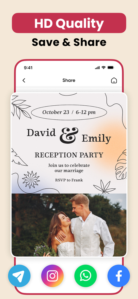 Wedding Invitation Maker RSVP - A mobile app screen showing a reception party invitation for David and Emily with options to save and share via social media icons like Instagram and WhatsApp.