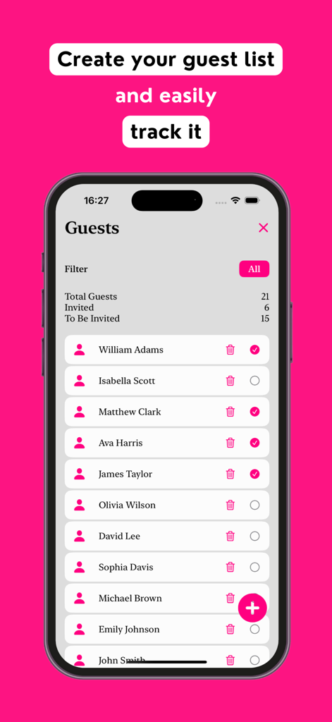 MeMarry: Wedding Planner - A screenshot of the MeMarry wedding planner app showing the guest list management screen with a list of names and invitation status tracking.