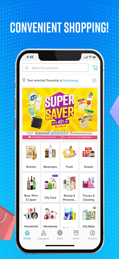 City Mall Online - Startbildschirm der City Mall Online App, der verschiedene Produktkategorien wie Lebensmittel und Haushaltswaren mit einem Werbebanner anzeigt