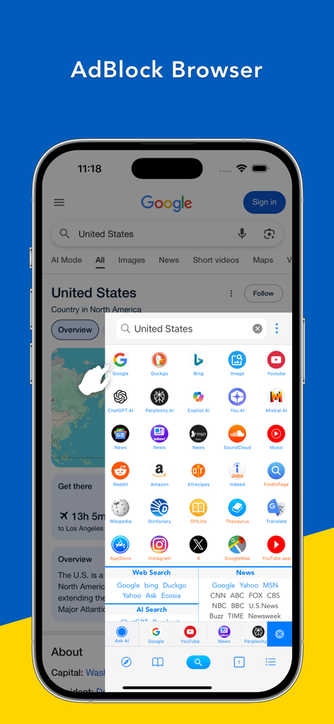 Search Ace - AI Browser - Search Ace AI Browser interface showing cross-search options for various search engines and AI tools like ChatGPT.