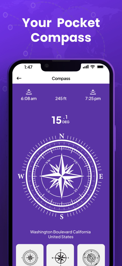 Phone Tracker by Number Lookup - 電話追跡アプリのポケットコンパス機能のインターフェース。方位角と場所の詳細が表示されます。