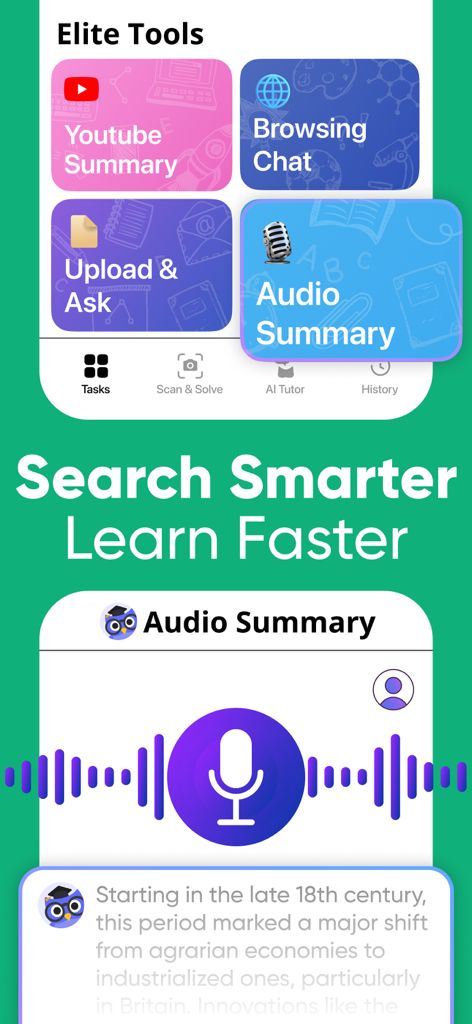 Nerd AI - Math Problem Solver - Interfaz de la aplicación Nerd AI mostrando las funciones de resumen de YouTube y audio para estudiantes