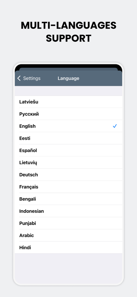 inbox.eu - Language selection screen in the inbox.eu app showing multiple supported languages including English Spanish German and French