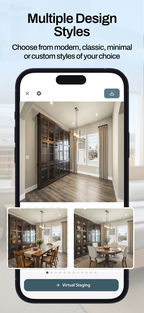 Virtual Staging AI - Stager - Smartphone app screen showing different furniture styles for virtual room staging