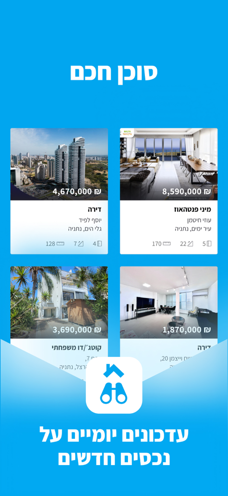 OnMap - דירות להשכרה למכירה - OnMap app screen showing a grid of Israeli real estate listings with prices and property types