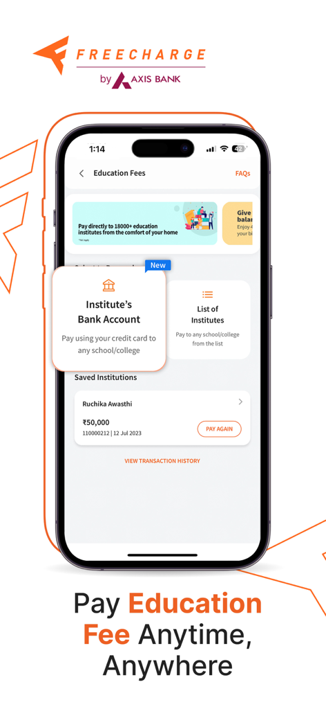 Mobile app screen of Freecharge showing the education fees payment feature for Indian schools and colleges
