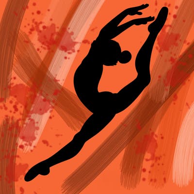 gymnast doing a leap in a leotard with a bent back leg