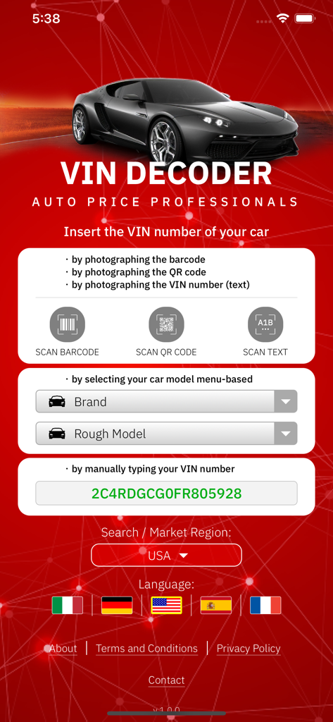 Main screen of VIN Decoder app featuring barcode and QR code scanning options for vehicle identification numbers.