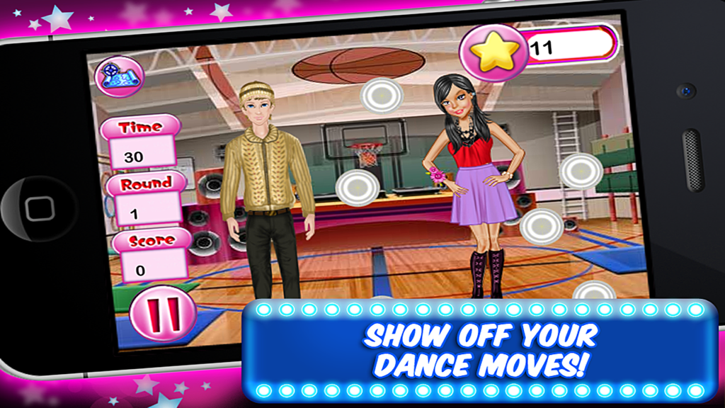 My High School Dance Game - Zwei Charaktere tanzen in einer Highschool-Turnhalle mit Rhythmusspiel-Tippkreisen auf dem Bildschirm.