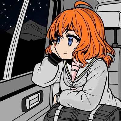 anime girl sighing with elbow on window sill on the back seat of the car looking outside the window of the car