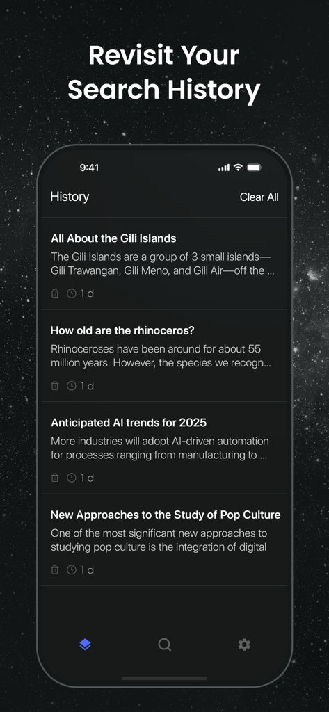 Inscope・Deep Research, Browser - Inscope mobile app interface displaying a search history library with AI summaries of past searches