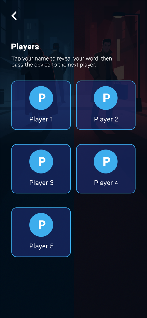 Tela de seleção de jogadores para o jogo de festa de dedução social Impostor Challenge