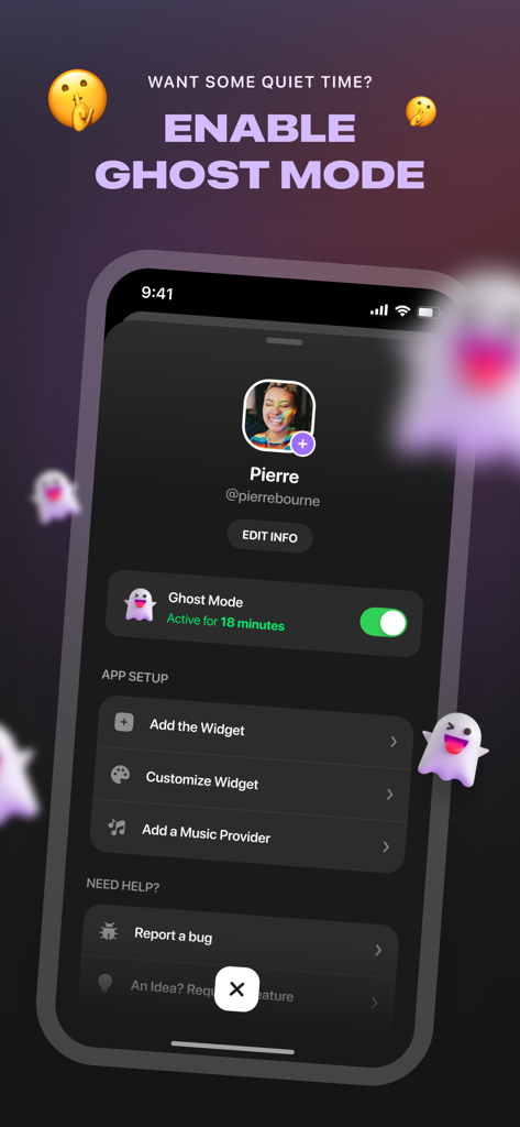 A mobile screen showing the Ghost Mode feature on the Airbuds Widget app settings page