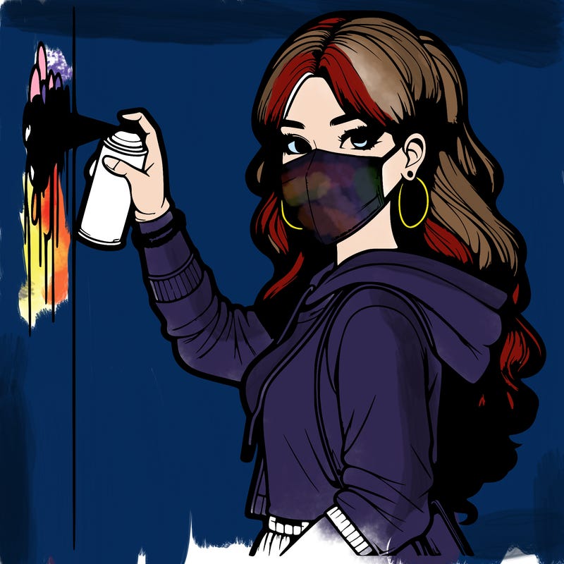 realistic girl with mask spray painting a wall