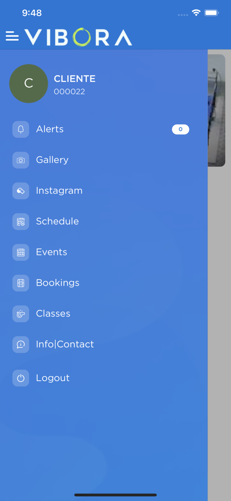 Vibora Padel Club - The side navigation menu of the Vibora Padel Club mobile app showing options for bookings and schedules