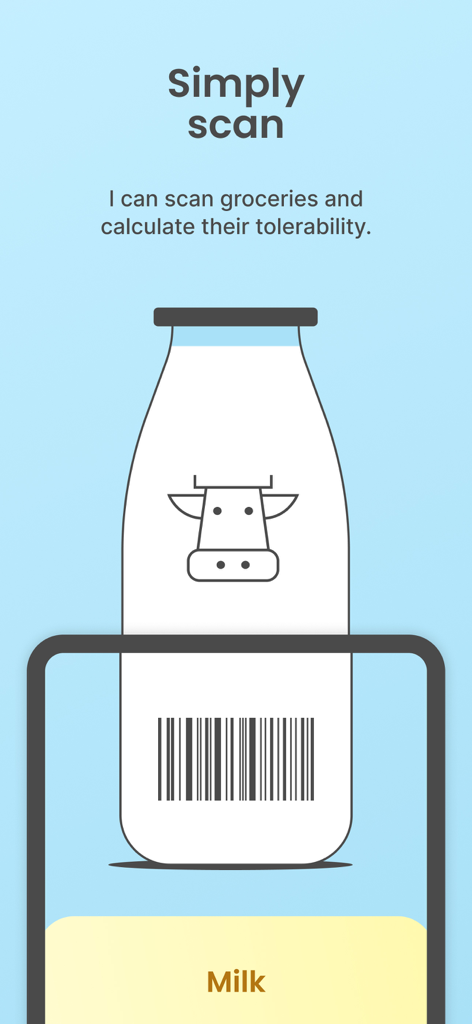 Une illustration montrant un smartphone scannant un code-barres sur une bouteille de lait pour vérifier la tolérabilité alimentaire.