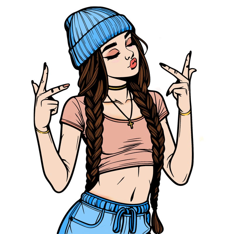 realistic teenage girl with braids and a beanie and crop top doing 🫶🏼