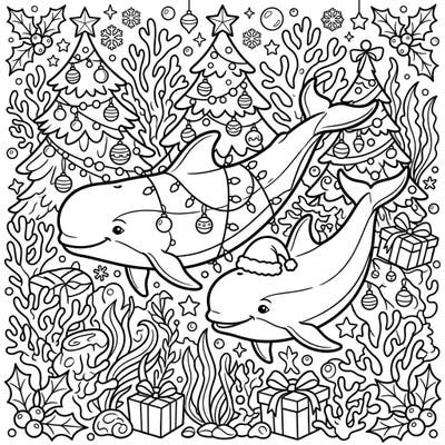 Celebrate a unique underwater Christmas with our charming pilot whales coloring page. Discover two cheerful whales amidst festive trees, sparkling lights, and holiday gifts, ready for your creative touch.