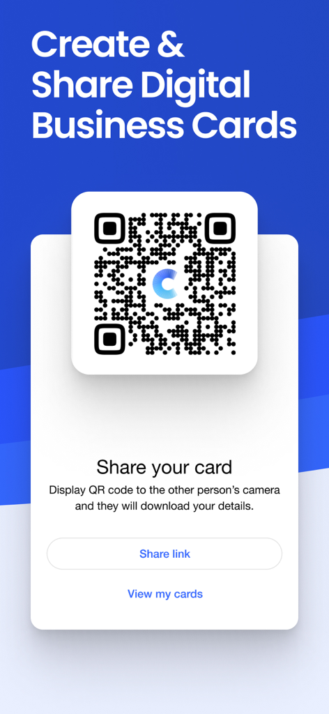 Covve CRM Manage your contacts - Bildschirm zum Teilen digitaler Visitenkarten mit einem QR-Code in der Covve CRM-App
