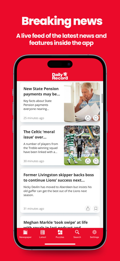 Daily Record app interface displaying a live feed of breaking news and sports articles on an iPhone
