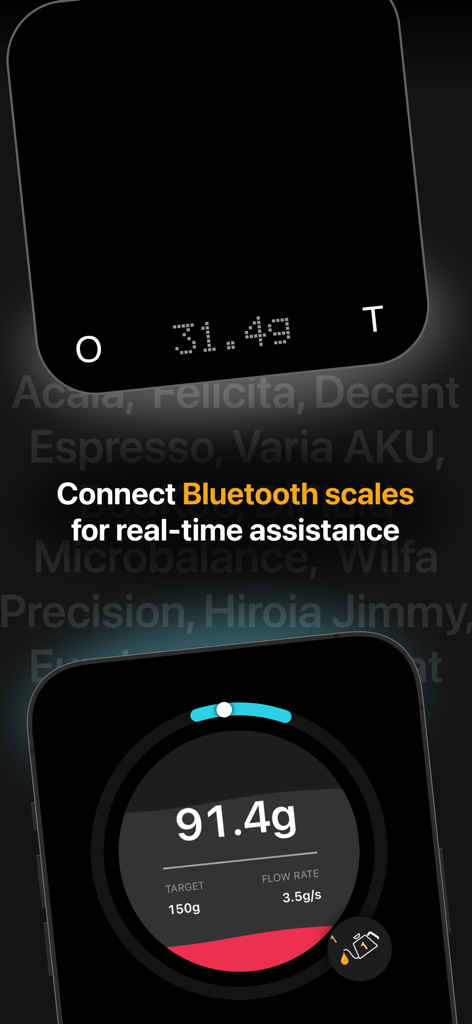 Filtru: Brew the best coffee - Filtru app interface showing real time coffee brewing data and Bluetooth scale connection