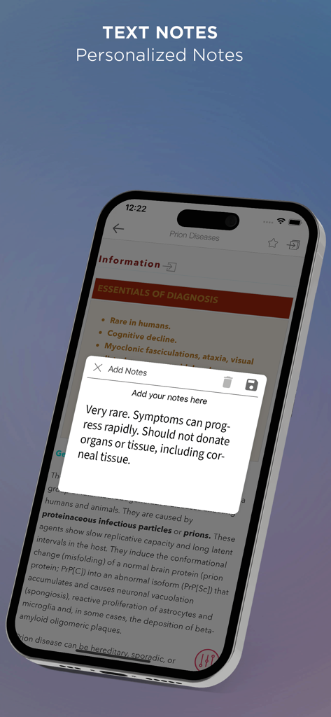 A smartphone showing the personalized notes feature in the CMDT medical app with an open text box for adding clinical observations.