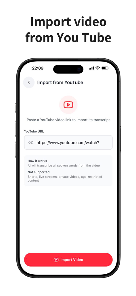 Mobile screen showing the feature to paste a YouTube link for AI voice to text transcription