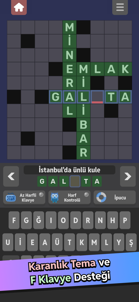 Turkish daily crossword puzzle app interface showing dark mode and F-keyboard support