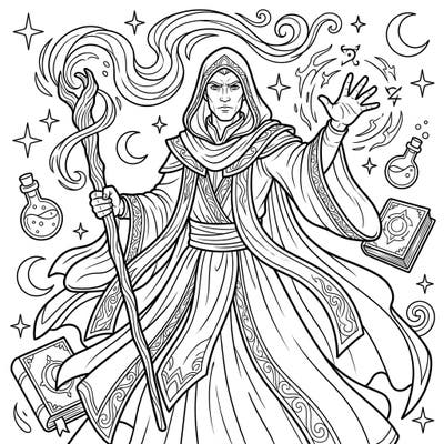Journey into a world of enchantment with this captivating wizard coloring page designed especially for kids. Discover a powerful sorcerer casting spells, surrounded by magical elements perfect for imaginative young artists.