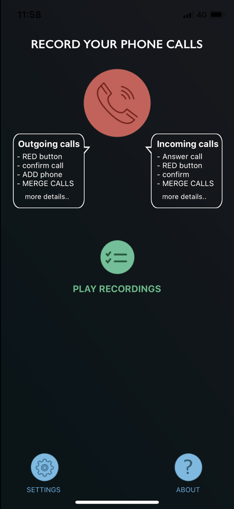 Main interface of CallRec Lite app showing instructions for recording incoming and outgoing phone calls