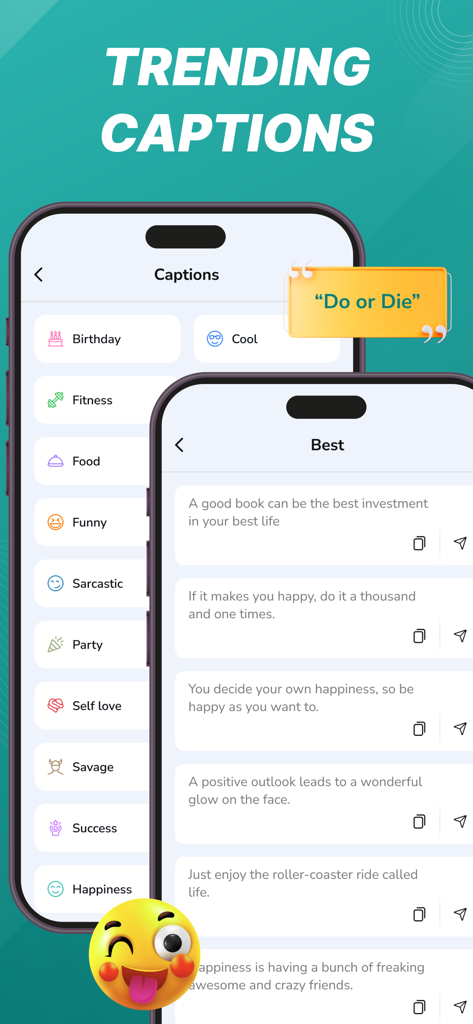 Dual Chat Messenger - GB App - Interface of the Dual Chat Messenger GB App showing trending caption categories and quotes for social media.