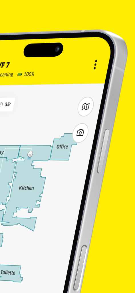 Kärcher Indoor Robots - Close-up of the Karcher Indoor Robots app interface showing a digital floor plan with labeled rooms on an iPhone