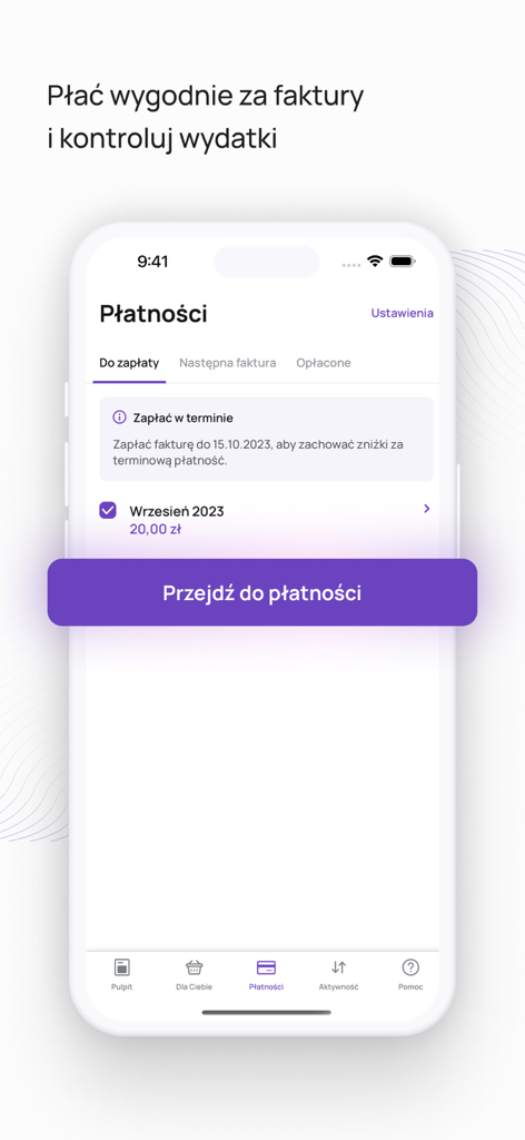 Pantalla de pagos de la aplicación móvil Play24 que muestra opciones para pagar facturas y seguir gastos