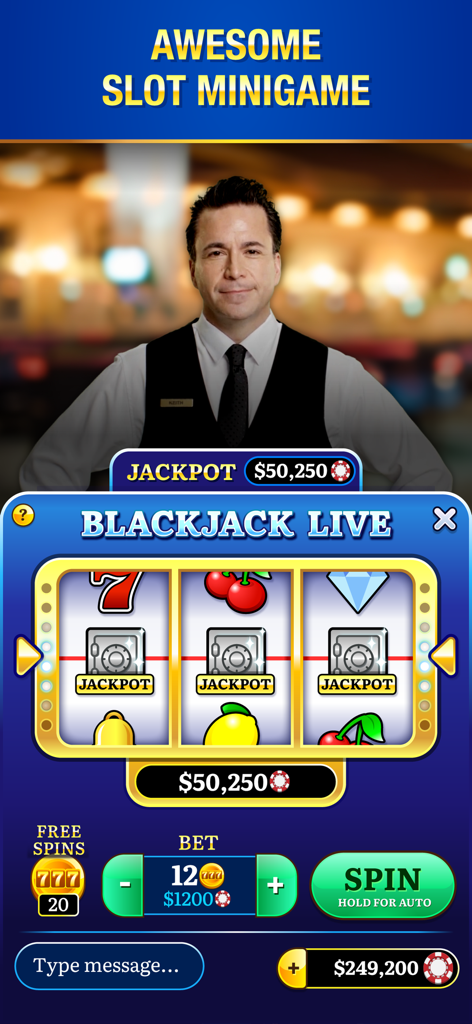 Blackjack Live Casino slot minigame featuring a live dealer host and jackpot rewards