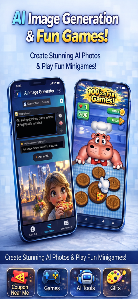 KI-Bildgenerator und Mini-Spiele-Funktionen in der Coupons für Dominos Pizza App