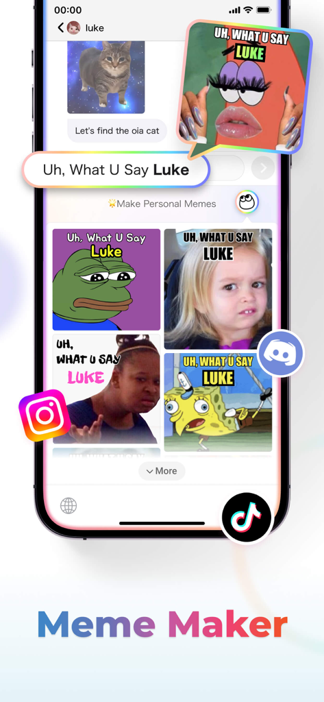 A smartphone displaying the Facemoji keyboard Meme Maker feature with various popular internet memes and social media icons like Instagram and TikTok.