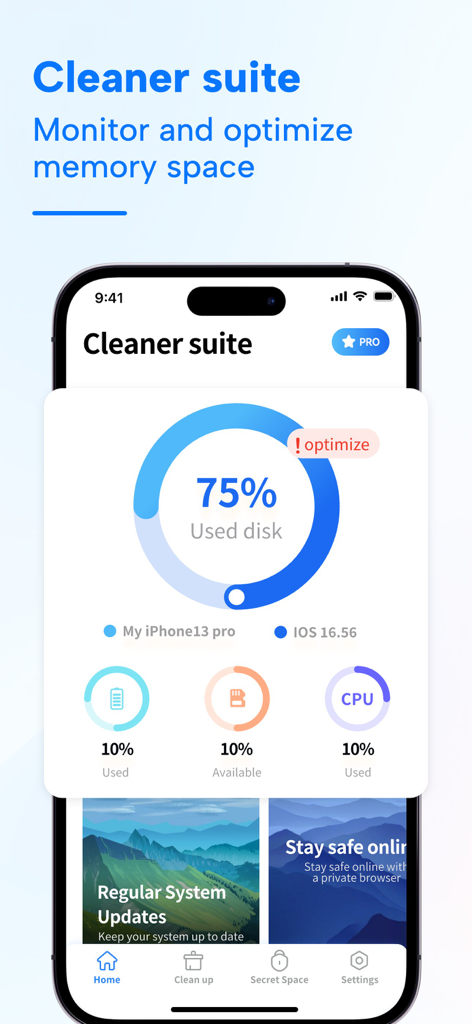 Cleaner Suite:Clean up Storage - Interface of the Cleaner Suite app showing a storage disk usage of 75 percent and system optimization tools.