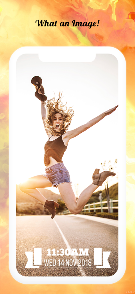 A woman jumping for joy with a stylish date and time stamp at the bottom of the photo