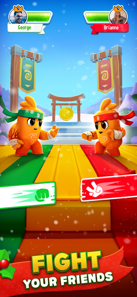 Dice Dreams game screen showing two characters in a social battle mini game between players George and Brianne