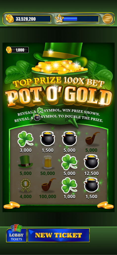 Lottery Scratchers - Digital scratch-off ticket interface with a Pot o Gold theme featuring clovers and gold coins