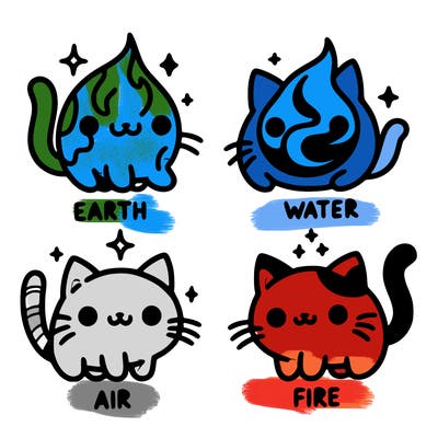 4 cats that represent the different elements, earth, water, air, and fire