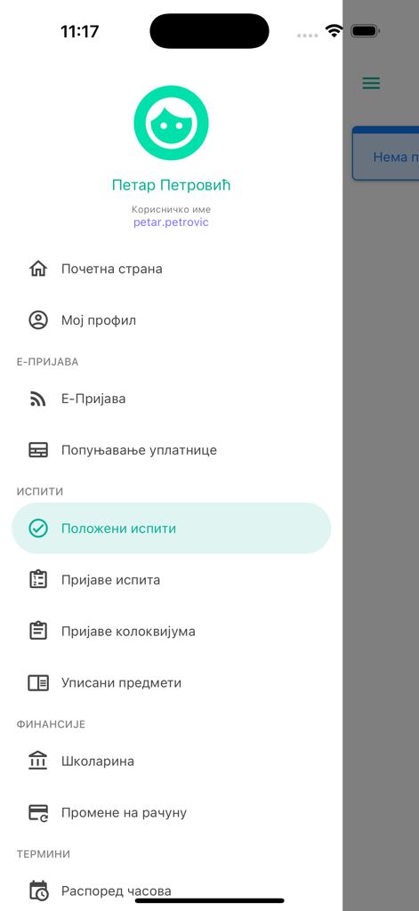M-Indeks - Sidebar navigation menu of the M-Indeks university student app