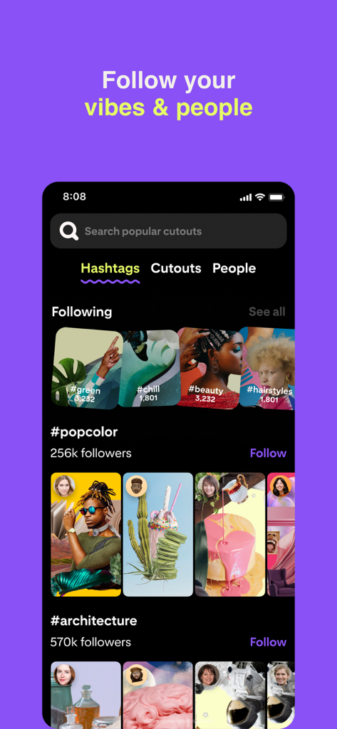 Shuffles von Pinterest App-Oberfläche, die die Entdeckung von Hashtags und kreativen Inhalten zeigt
