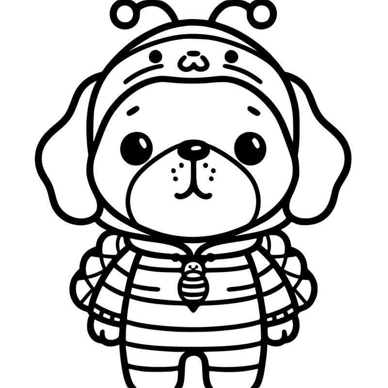 a dog with a bee onesie