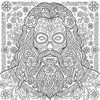 Dive into a unique coloring experience with this Ymir Day of the Dead design, blending Norse mythology with vibrant calavera aesthetics. Discover a wealth of intricate details, from sugar skull patterns to flowing floral elements, perfect for creative expression.