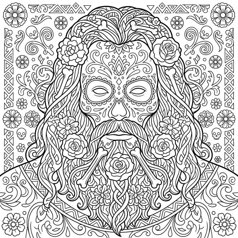 Dive into a unique coloring experience with this Ymir Day of the Dead design, blending Norse mythology with vibrant calavera aesthetics. Discover a wealth of intricate details, from sugar skull patterns to flowing floral elements, perfect for creative expression.
