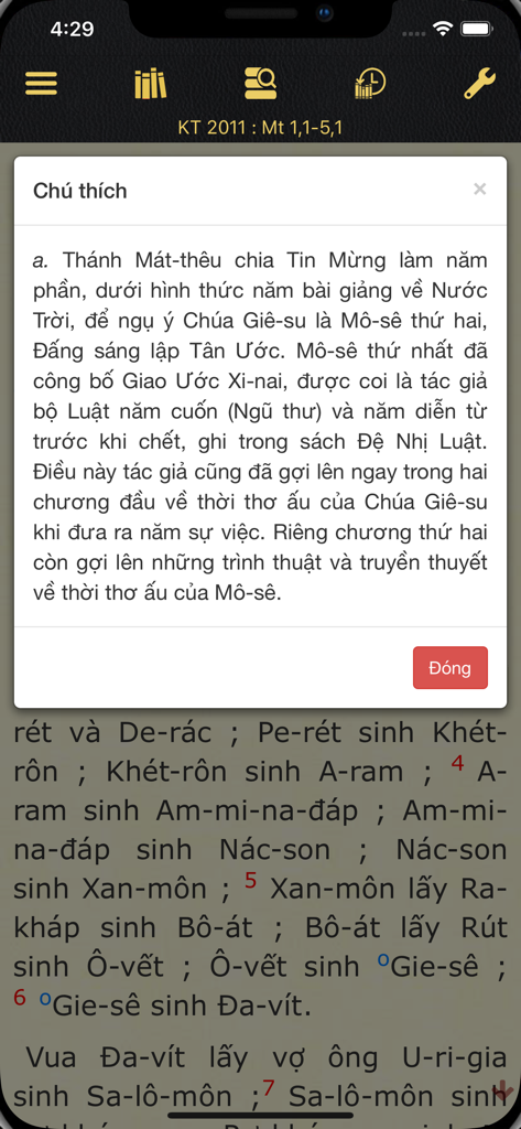 A screen from the KTCGKPV app showing a biblical footnote popup in Vietnamese over a scripture passage.