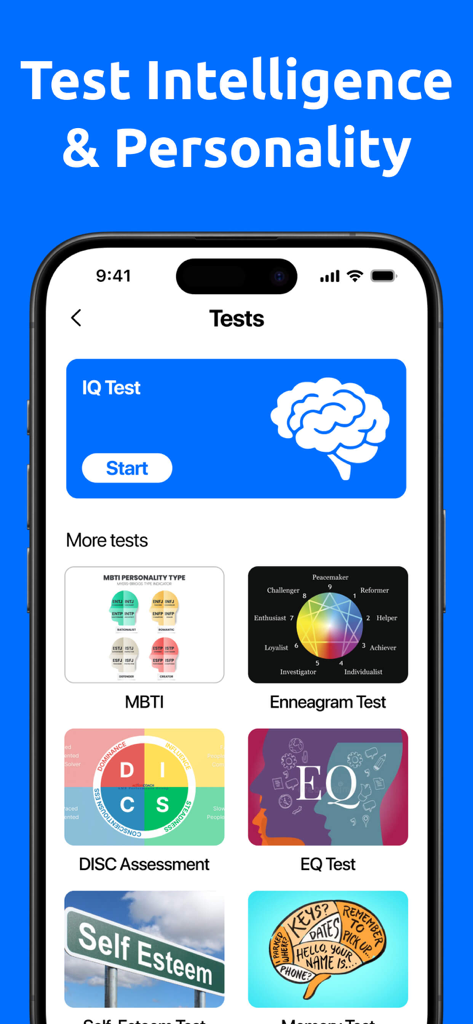 Brain Games: Memory Training - Interface of the Brain Games app showing various intelligence and personality tests such as IQ MBTI and Enneagram