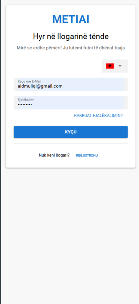 MetiAi - MetiAi app login interface with email and password input fields in Albanian language