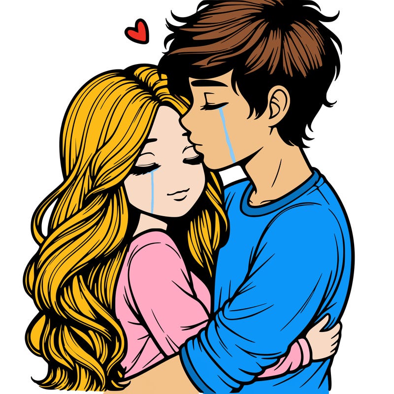 a realistic couple boy and girl hugging and kissing